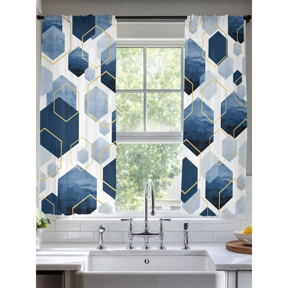 Navy Blue Geometric Sheer Curtains for Living Room Bedroom Gold White Hexagon Modern Sheer Curtains 63 Inch Long 2 Panels Set Light Filtering Curtain Window Treatments Drapes for Dining Room