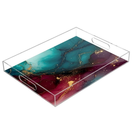 

WOBOGO Red and Green Gilt Pattern Acrylic Serving Trays 15.7x11.8 Inch Spill Proof Clear Decorative Organizer with Handle