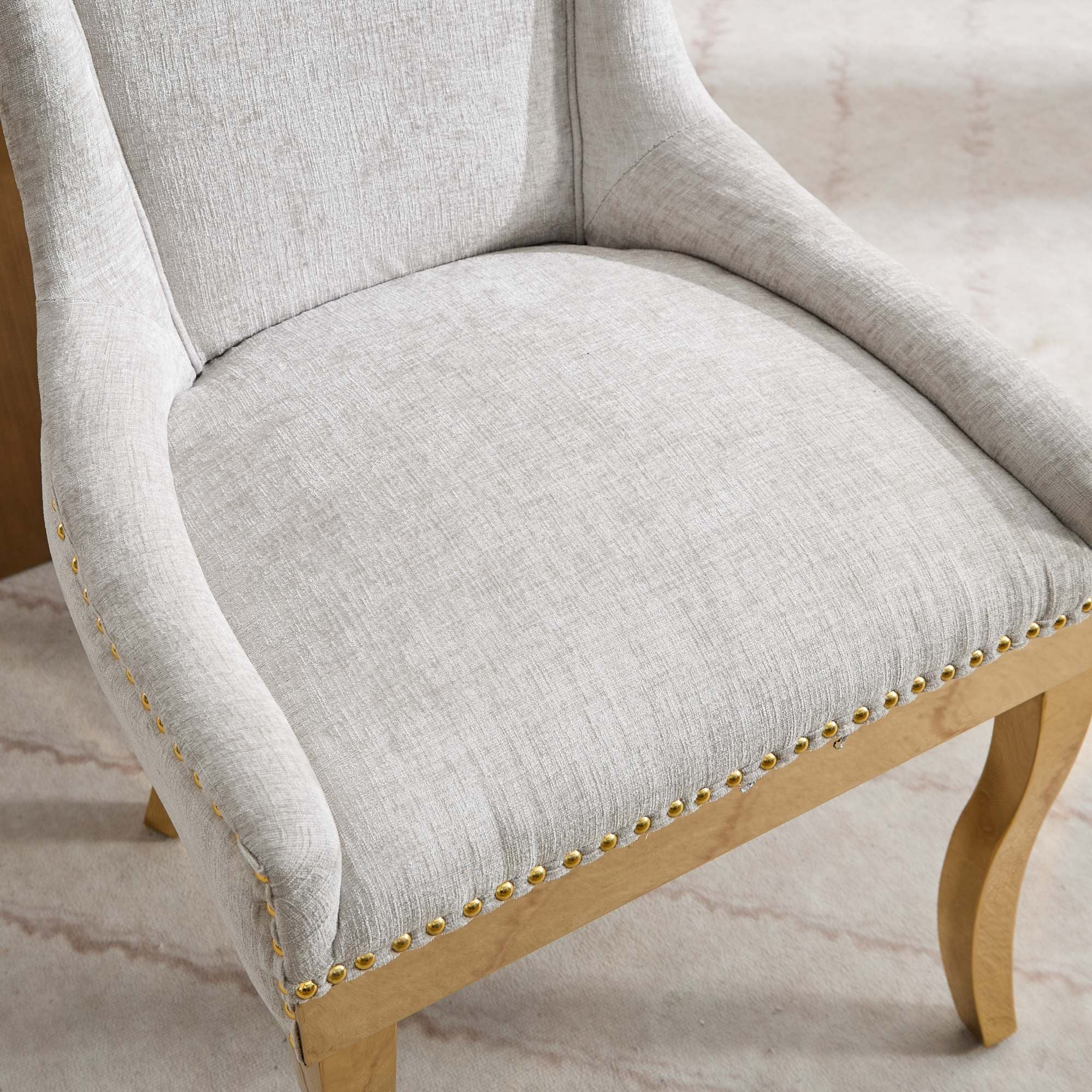Gewnee Chenille Dining Chairs Set of 2,Modern Upholstered Chairs with Curved Gold-Plated Legs & Rivet Trim,Accent Chairs for Dining Room or Lounge.Beige
