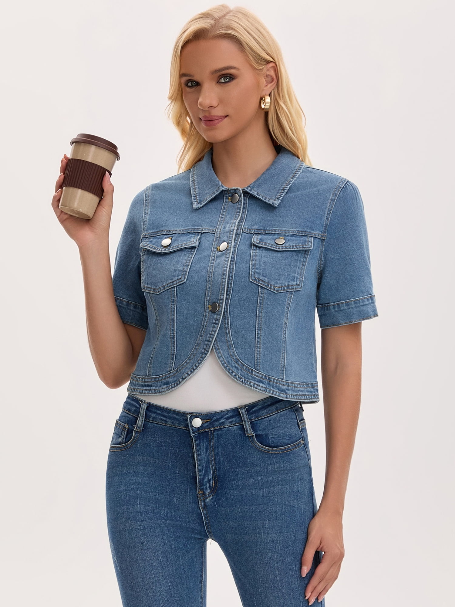 DARING DIVA Women's Short Sleeve Button Down Denim Jackets with Pockets L Light Blue