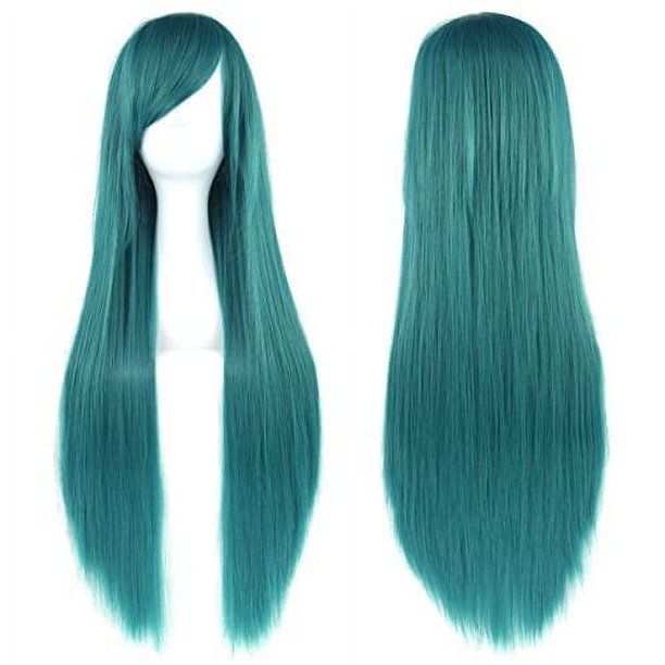 Zhuge Pelucas de cabello natural liso de 80 cm de largo para cosplay con flequillo, peluca colorida para fiesta de disfraces de Halloween para niña (verde)