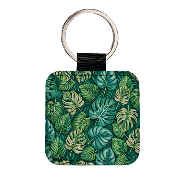 Monstera Leaves Pattern Faux Leather Square Keychain