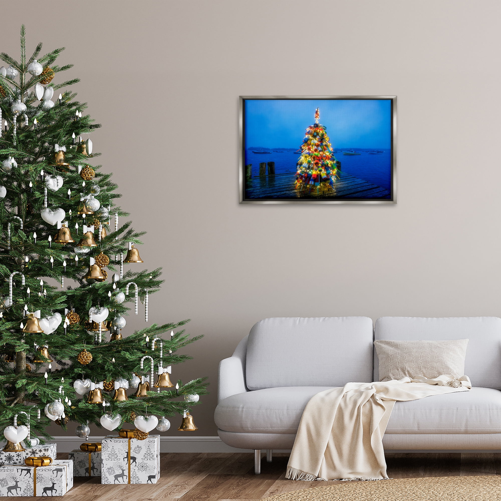 Stupell Industries Lit Bouys Christmas Tree Holiday Painting Gray Floater Framed Canvas Art Prints Wall Art, 31 x 21