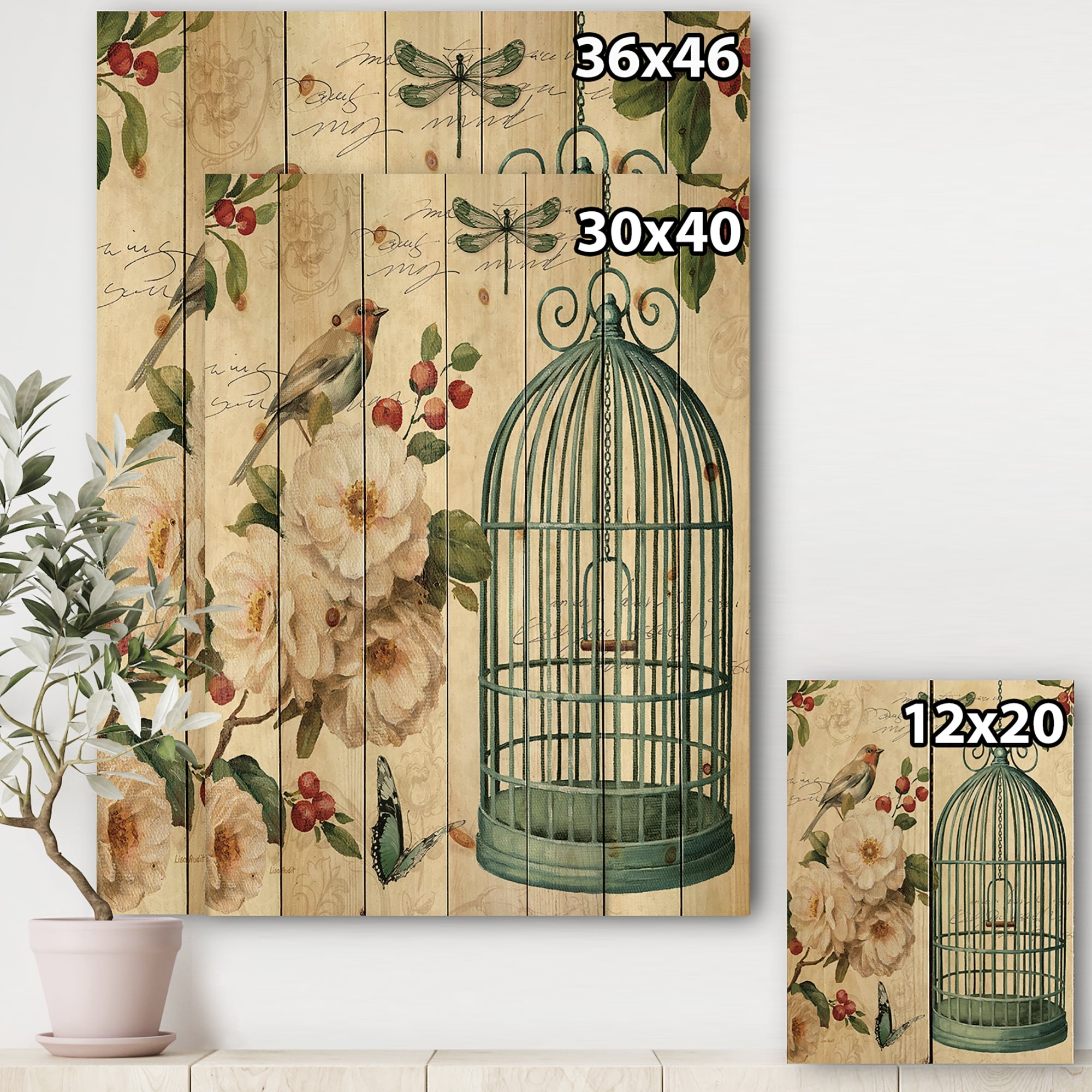 Designart 'Birdcage, Blue Cottage Bird and Apple Blossoms II' Floral and botanical Print on Natural Pine Wood