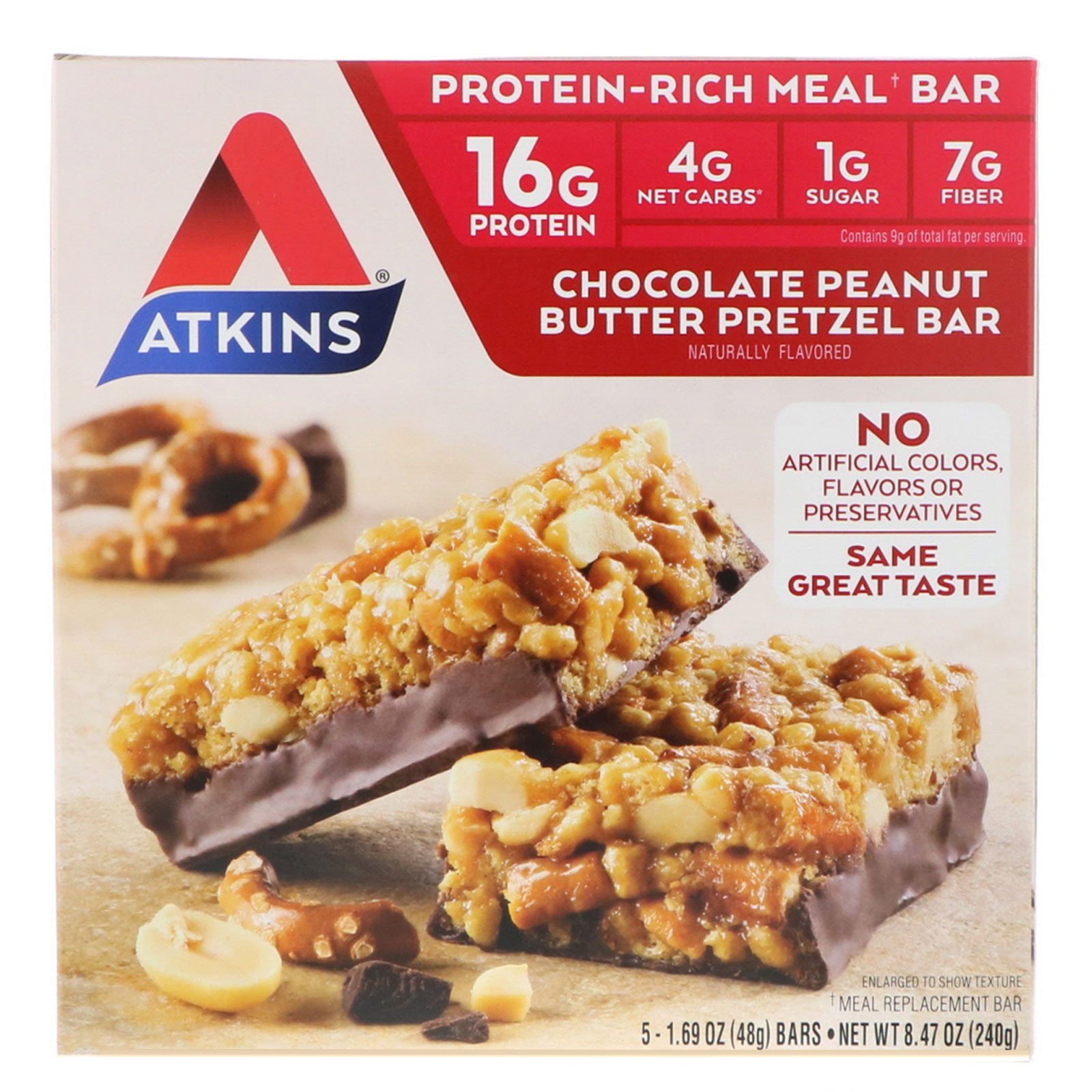 Atkins Chocolate Peanut Butter Pretzel Bar, 5 Bars, 1.69 oz (48 g), 5