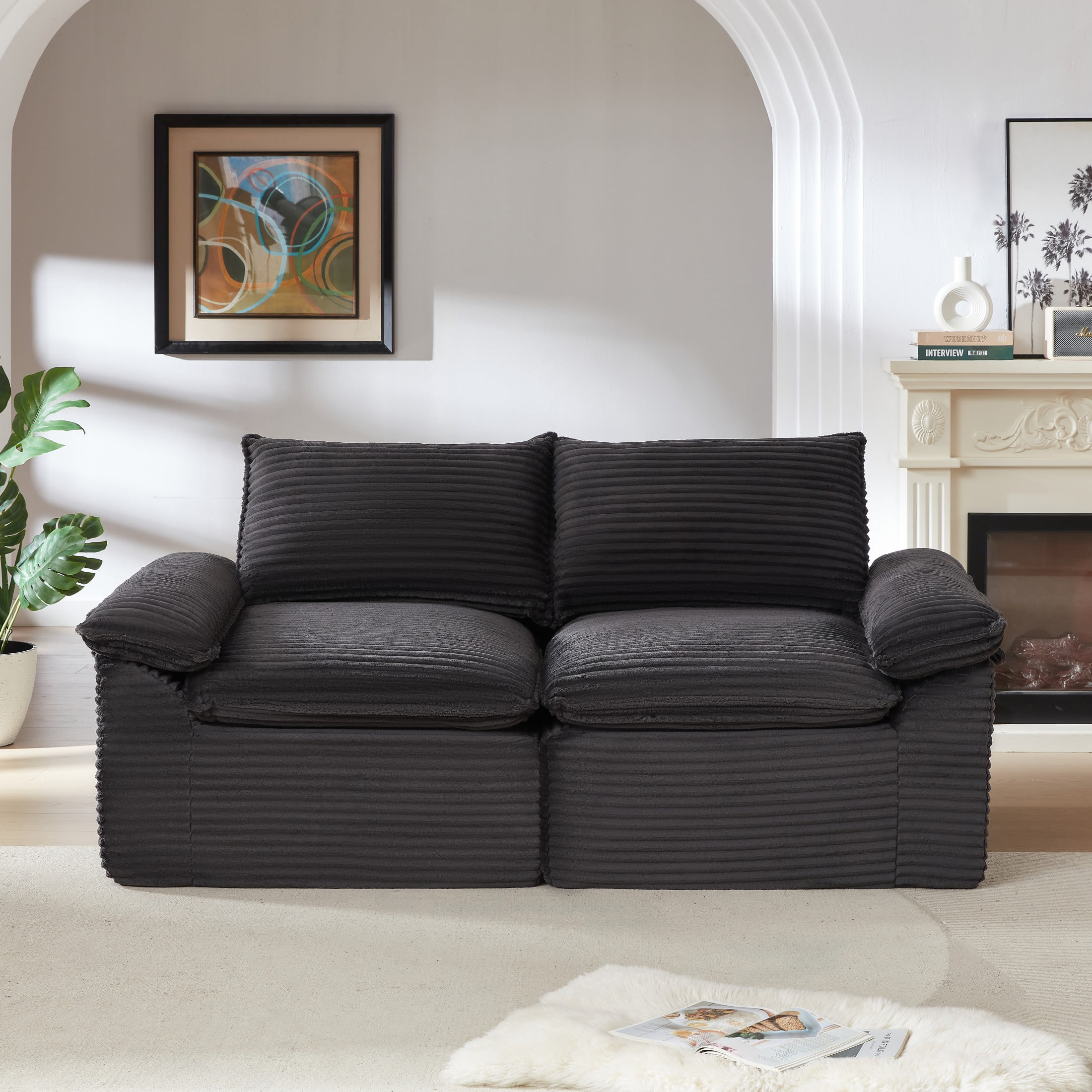 Aukfa Modern Modular Cloud Couch with 24.4" Deep Seat, Corduroy Upholstered 2-Seat Loveseat Sofa, No Assembly Required for Living Room, Dark Gray