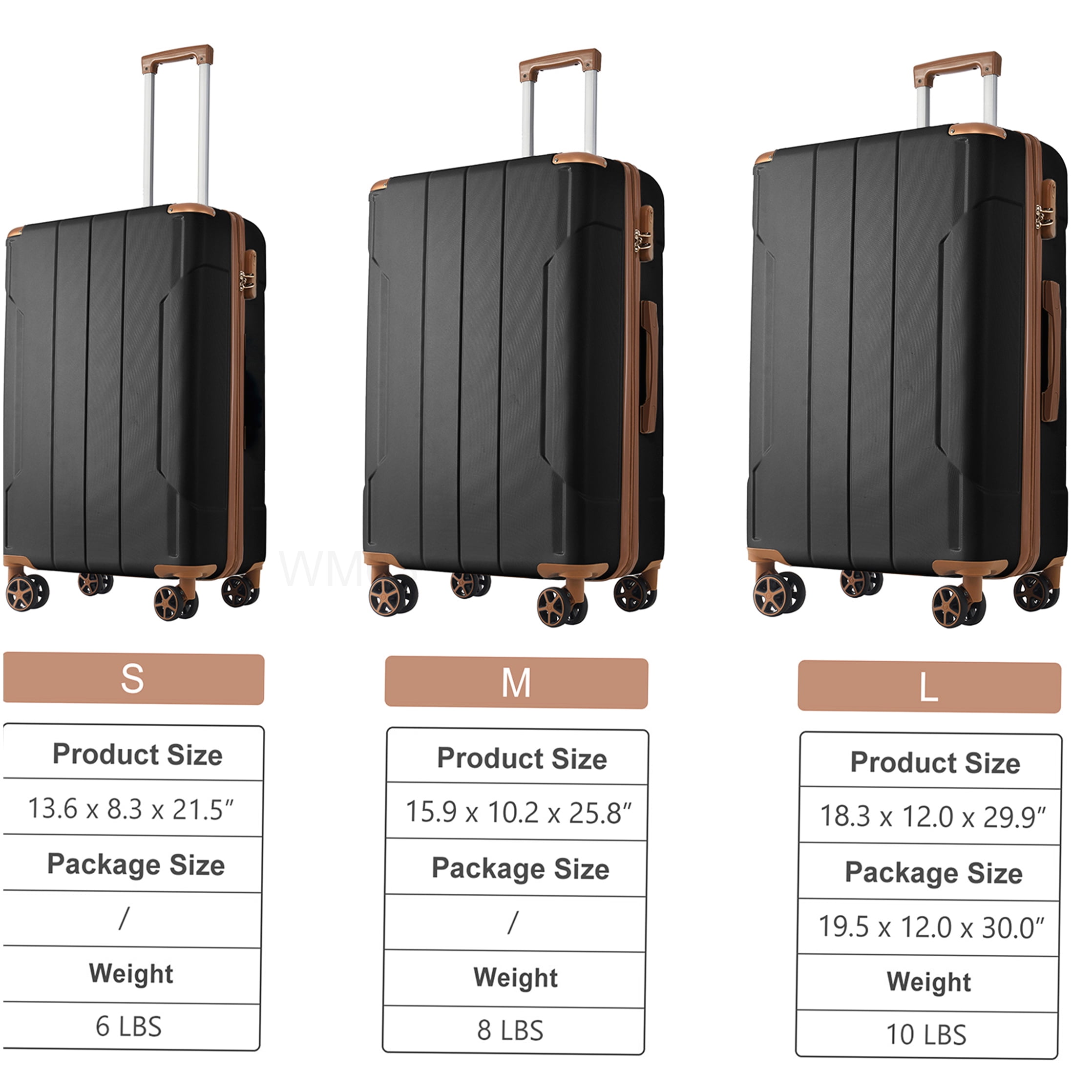 Durable 3-Piece Spinner Luggage Set, ABS Lightweight Hard Shell Suitcases in Black Brown