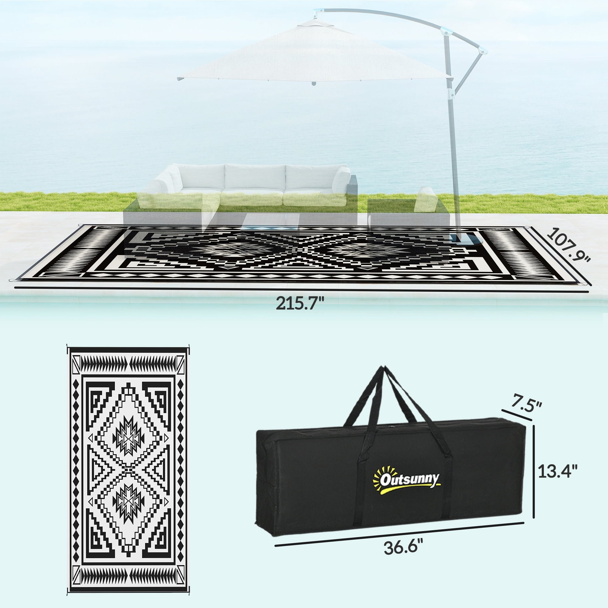 Outsunny Outdoor Patio Rug, Large Camping Carpet with Carrying Bag, 9' x 18' Waterproof Plastic Straw, Reversible, Black & White Square Patchwork