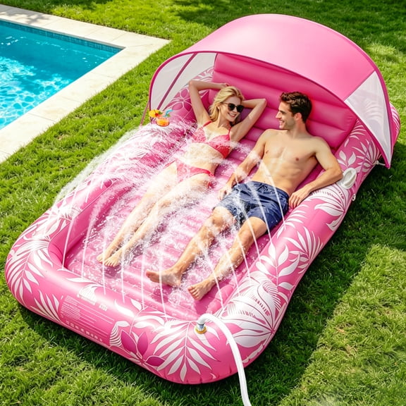 Inflatable Tanning Pool Lounger Float with Sprinkler & Canopy UPF50 , 77" x 49" Extra Large Tanning Pool Float for Adults, Sunbathing Water Lounge Bed with Pillow & Cup Holder for Backyard & Pool