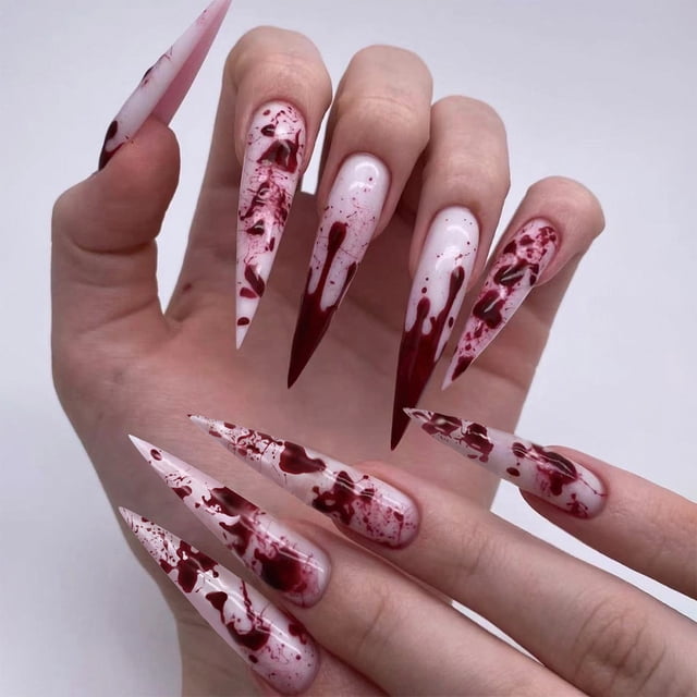 New Halloween Wearable Nails French Manicure Long Pointed Nails Festive Atmosphere Fake Nails for Women