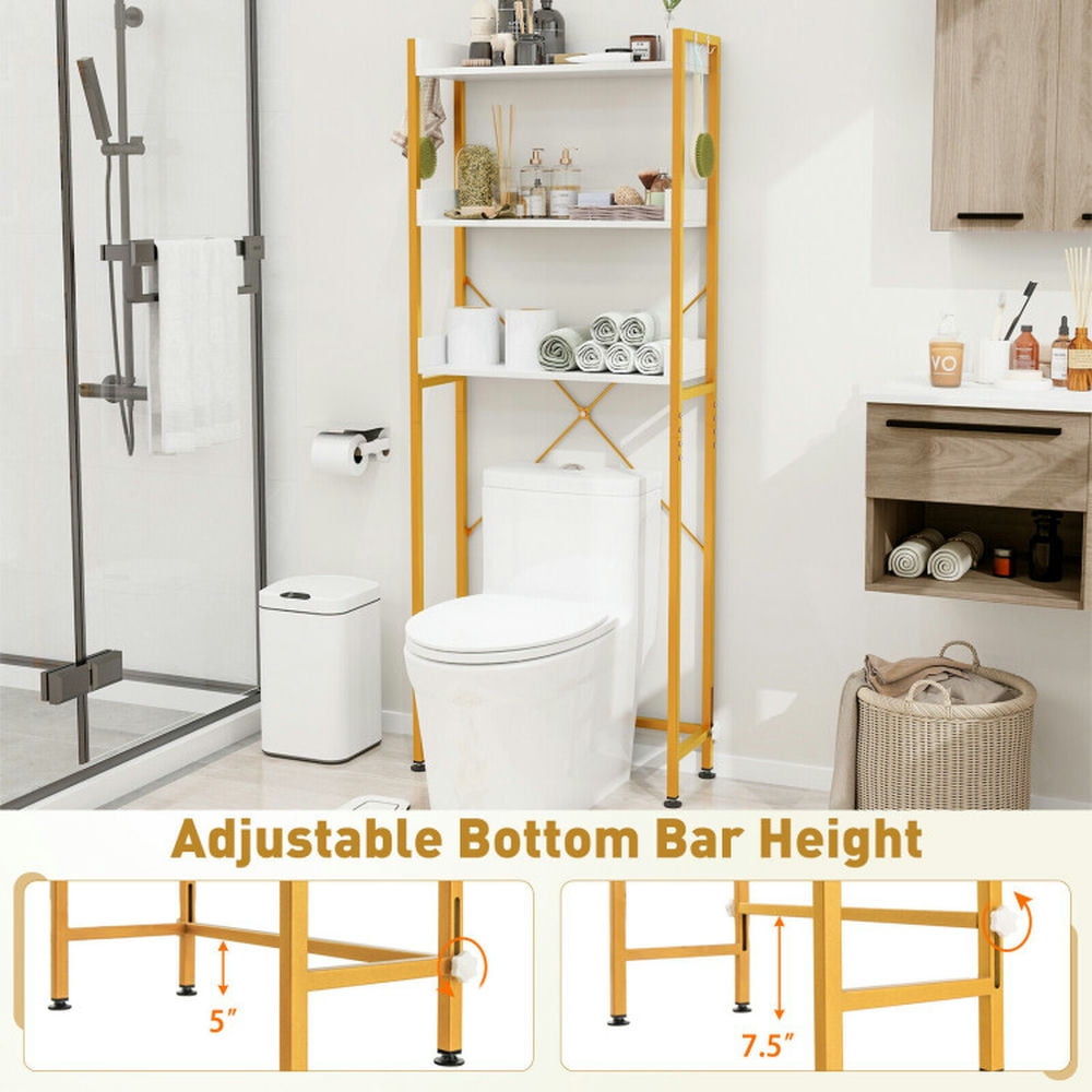 Finihen Toilet Storage Rack, Toilet Storage Shelf, Over The Toilet Storage Rack with Hooks and Adjustable Bottom Bar, for Bathroom, White