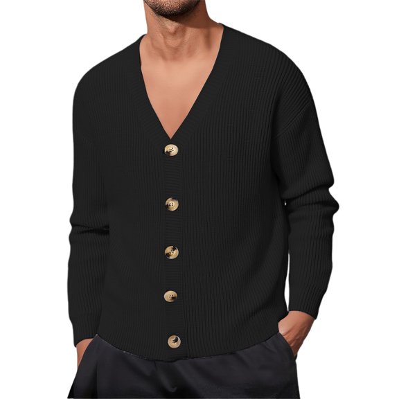 Fgnfyis Work Jackets for Men Knitted Cardigan Sweater Button up Long Sleeve Lightweight Soft Yarn Fabric Winter Coats for Men Black L