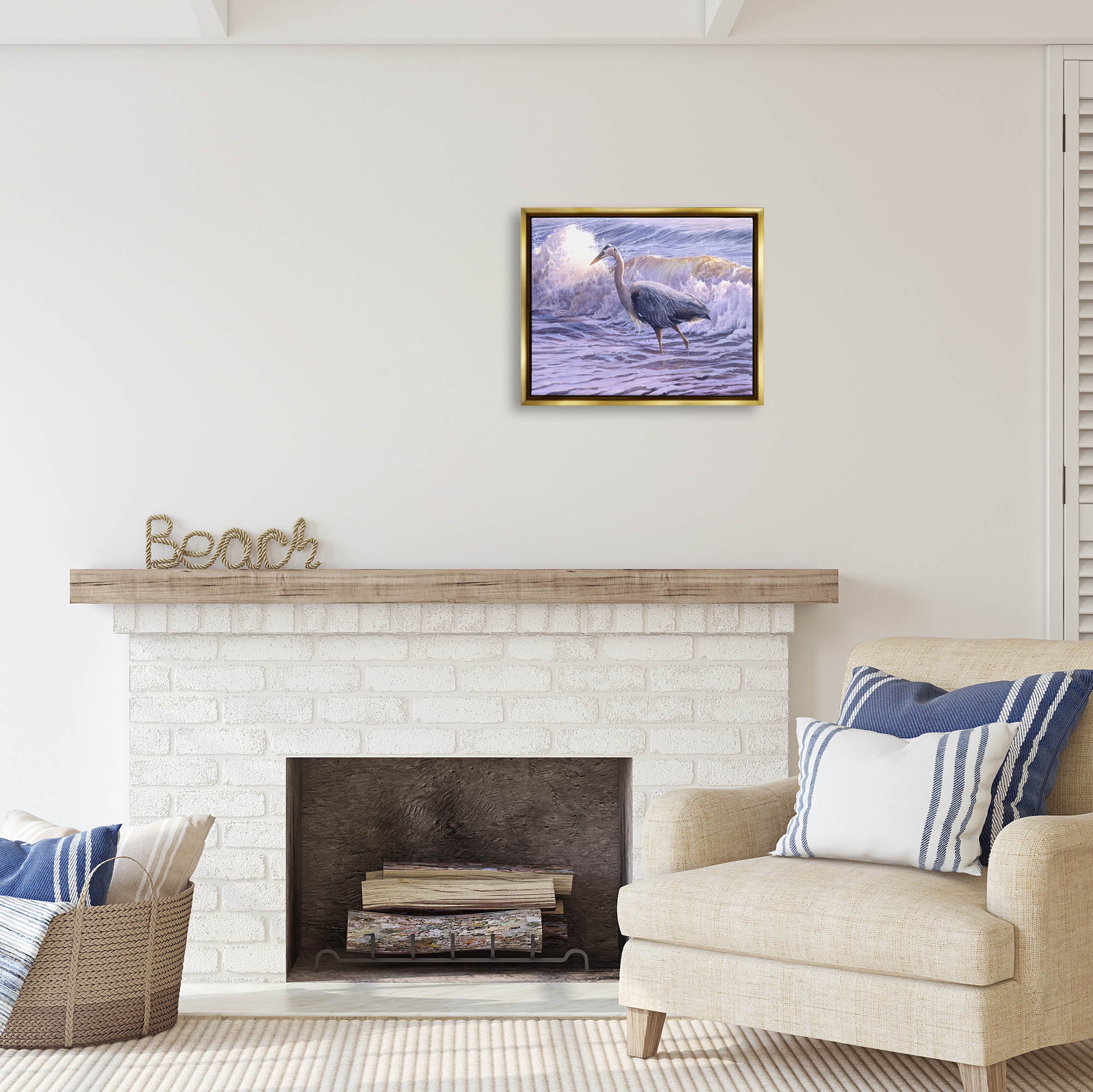 Stupell Industries Crane Bird Splashing Ocean Waves Coastal Photography Gold Floater Framed Art Print Wall Art