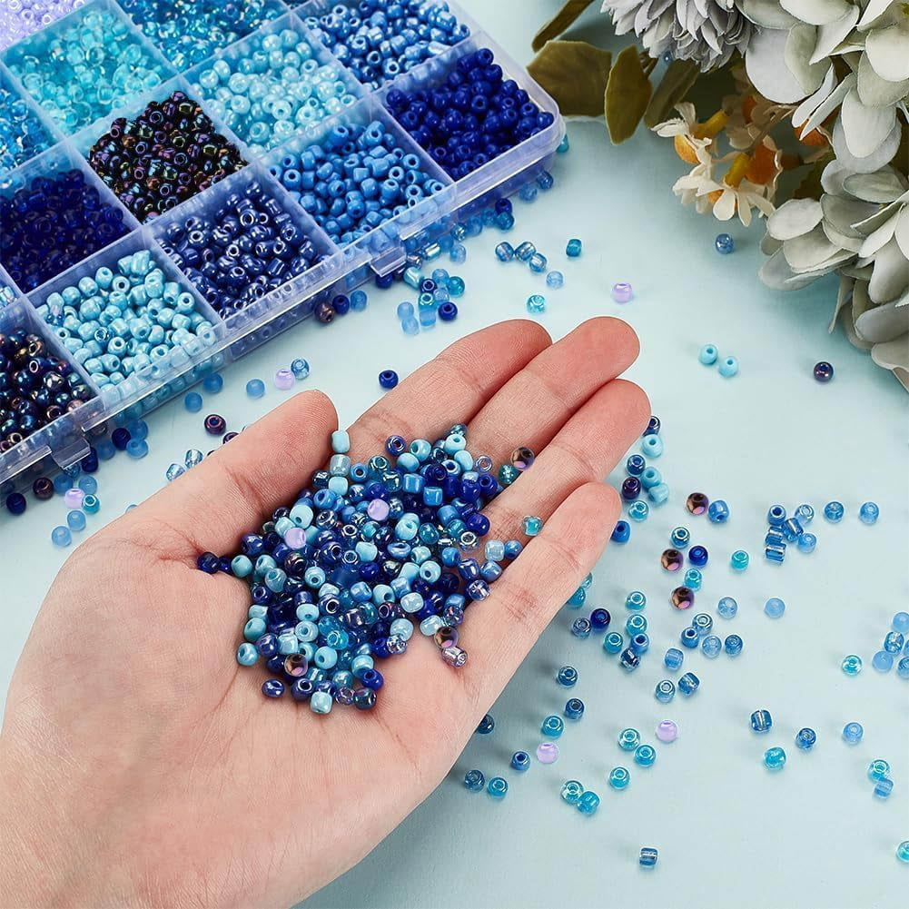 1 Box 3600pcs 4mm Blue Glass Seed Beads 24 Colors 6/0 Round Glass Beads Mini Spacer Beads Waist Beads Craft Beads for Bracelet Necklace Earring Jewelry Making Summer Seaside Christmas Decor