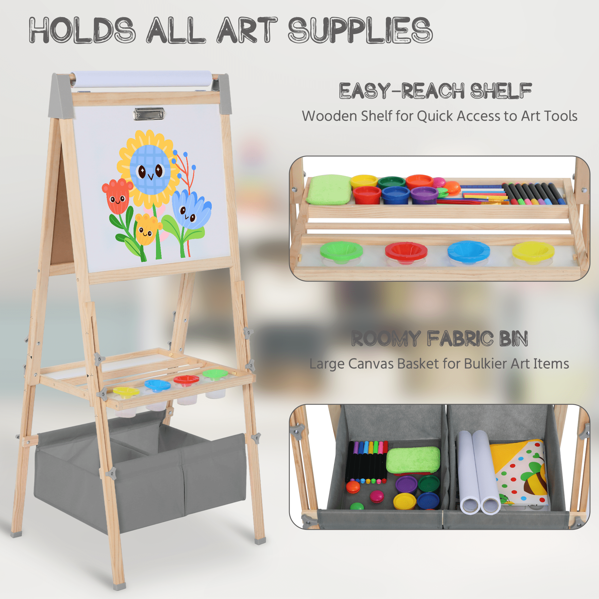 AILEEKISS Kids Art Easel Double-Sided Art Easel with Whiteboard and Chalkboard for Painting, Grey