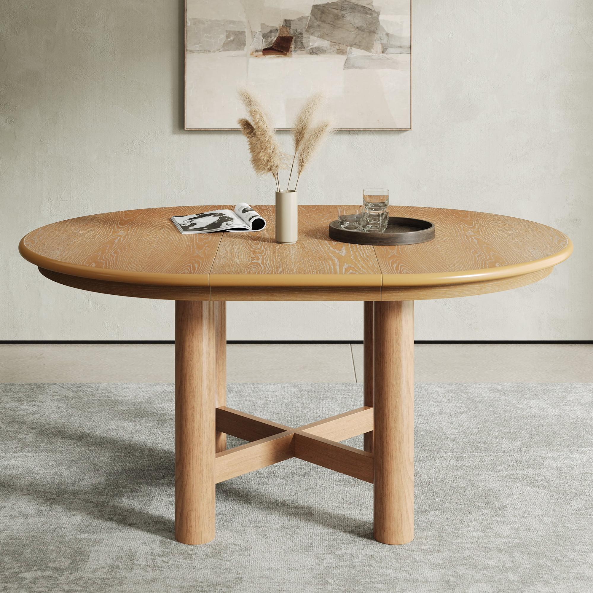 Euroco 47"-63" Extendable Round Dining Table for 4-6,Modern Oval Kitchen Table with Removable Leaf and Heavy Duty Wood Base,Space Saving for Kitchen Living Room,Natural