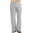 thumbnail image 1 of Kmbangi Men's Wide Leg Pants Drawstring Solid Color Linen Beach Pants Yoga Trousers Streetwear, 1 of 4