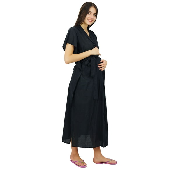 Bimba Nursing Black Cotton Kaftan With Belt Front Buttons Maternity Night Wear