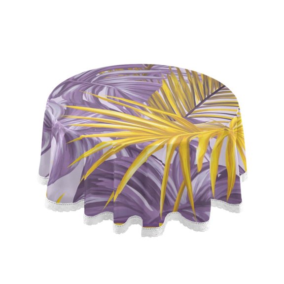 Round Single Sided Printed Tablecloth, 60 Inch Polyester Round Table Cover with White Lace Trim, Wrinkle Resistant Decorative Table Cloth for Home Cool Purple Leaf
