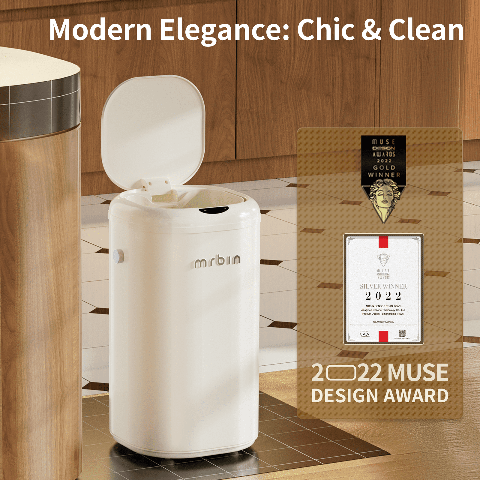 Metal Automatic Tall Kitchen Trash Can with Lid, 18L / 4.8gal Slim Motion Sensor Waste Basket, Touchless Electric Garbage Bin for Office and Bathroom, Cream White