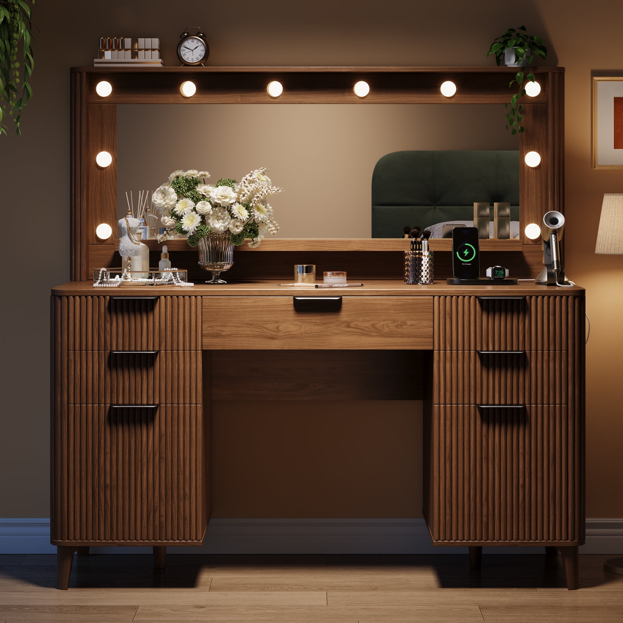 UGTOO Walnut Vanity Desk with Large Horizontal Mirror & LED Lights – 5 Drawers, Charging Station, Vintage Style (48.8"L x 15.7"W x 54.3"H)