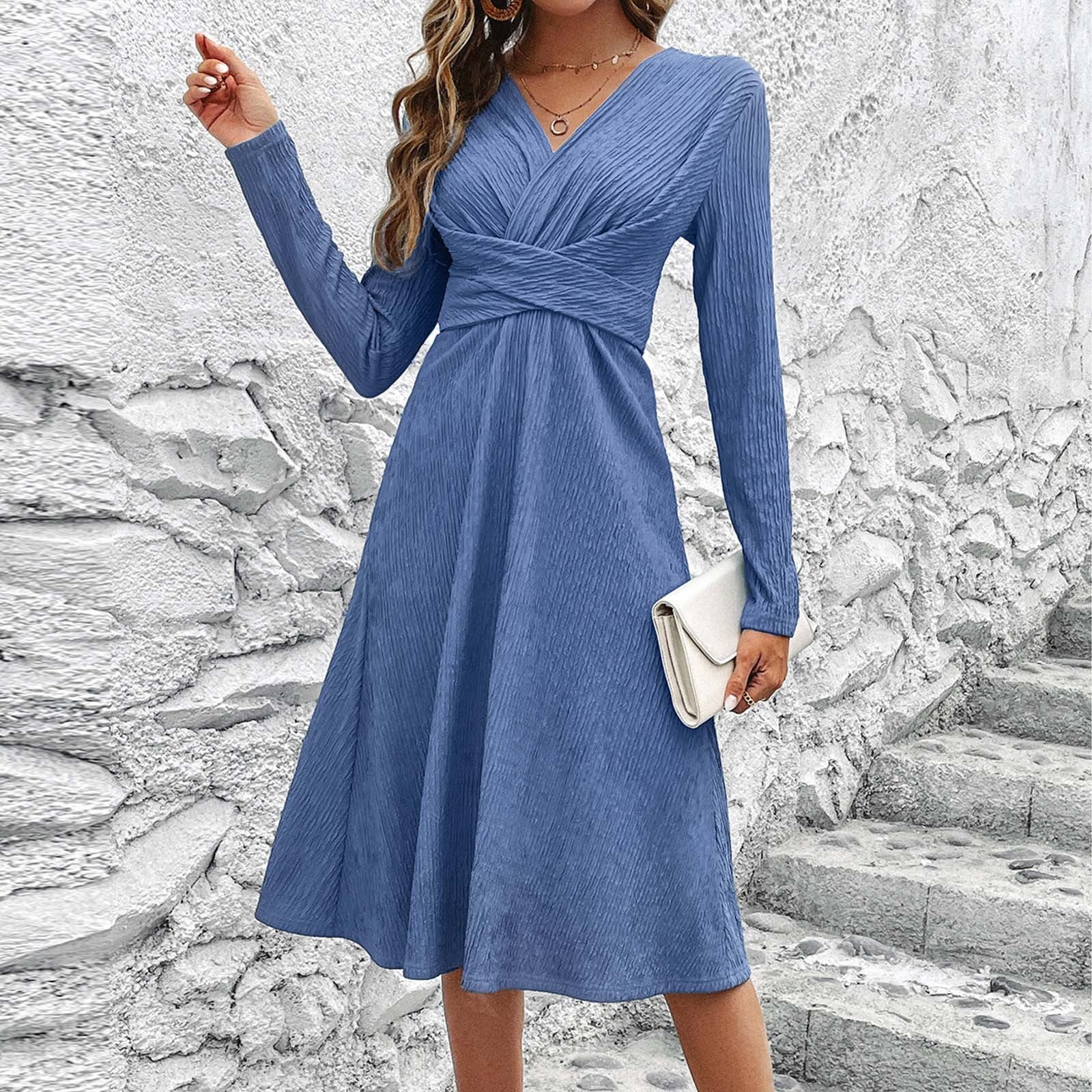 Olyvenn Womens Tunic Front Knot A-line Dress Winter Slip Vintage Solid  House Dress Surplice V Neck Blouse Pleated Swing High Waist Casual Smocked  Raglan Long Sleeve Prom Dress Fashion Blue 10 -