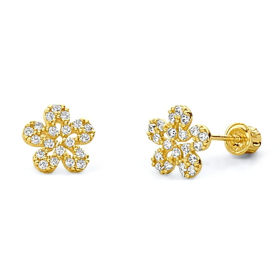 Wellingsale 14K Yellow Gold Polished Flower Stud Earrings With Screw Back