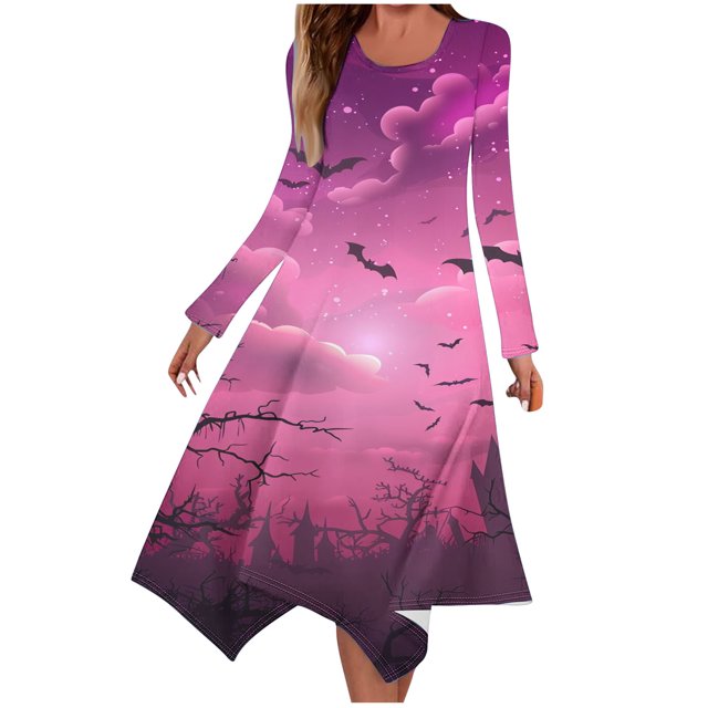 Long Dress with Sleeves,Summer Casual Dress,Ladies Fashion Printed Long Sleeved Round Neck Casual Irregular Dress