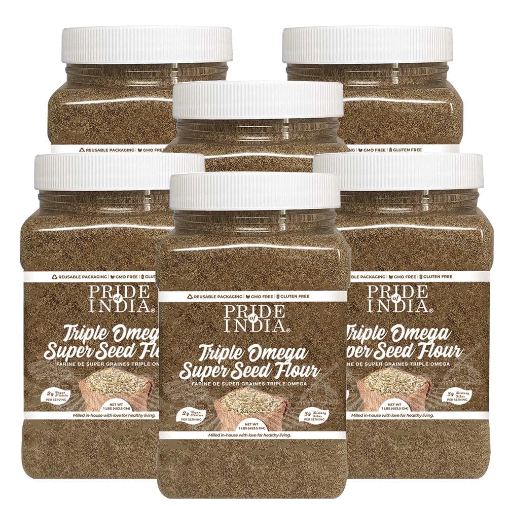 Pride of India - Pack of 6 - Triple Omega Super Seed Flour, Gluten Free Baking Blend, 1 lb Jar