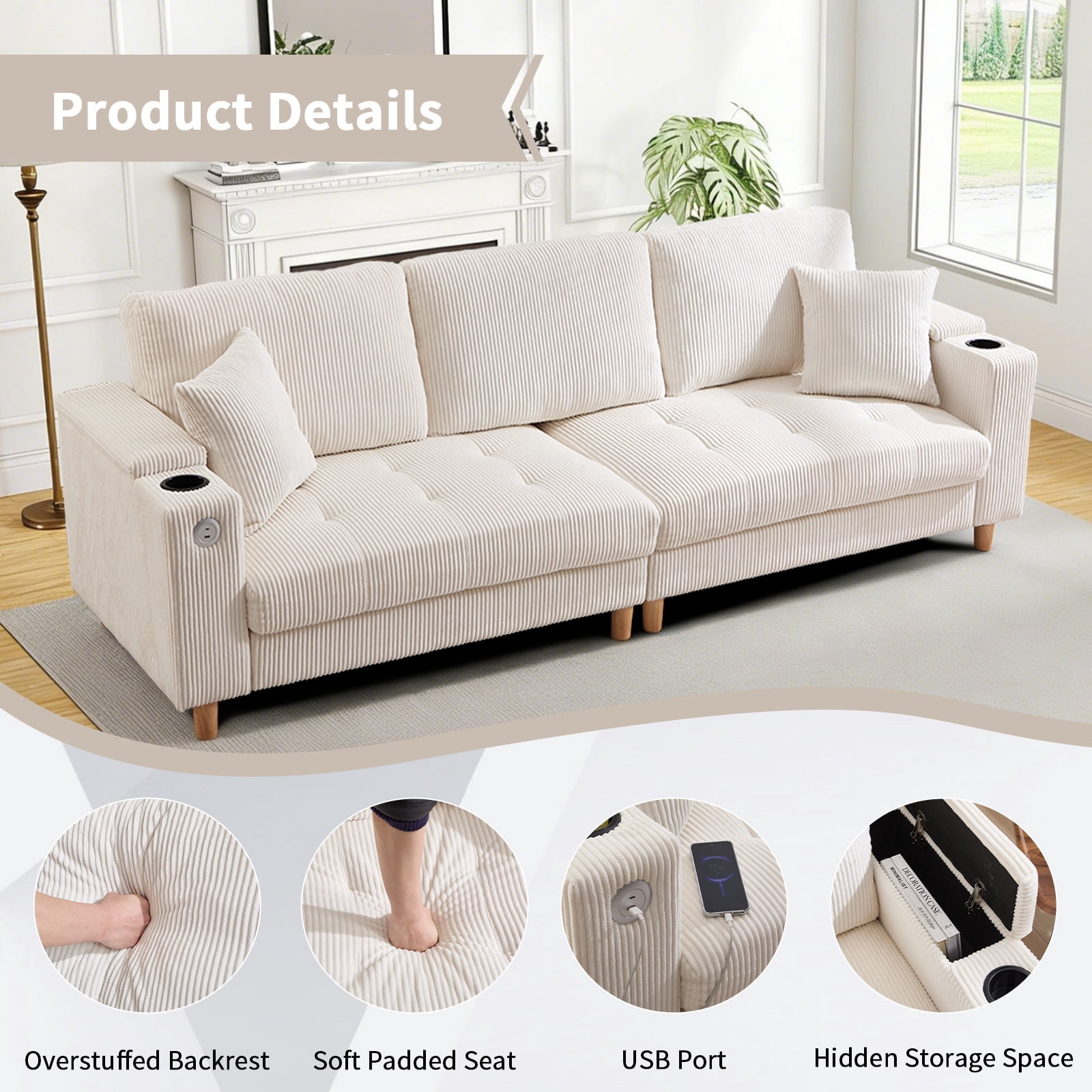 Bonzy Home 100 inch Modern Corduroy 3-Seater Sofa, Oversized Comfy Couch with USB Charging Port, Hidden Storage, Overstuffed Backrest & Throw Pillows, White