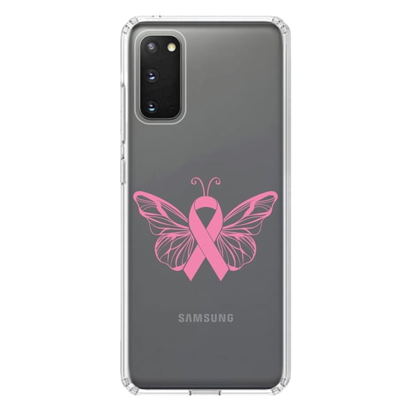 DistinctInk Clear Shockproof Hybrid Case for Galaxy S20 / S20 5G (6.2" Screen) - TPU Bumper Acrylic Back Tempered Glass Screen Protector - Pink Ribbon Cancer - Butterfly