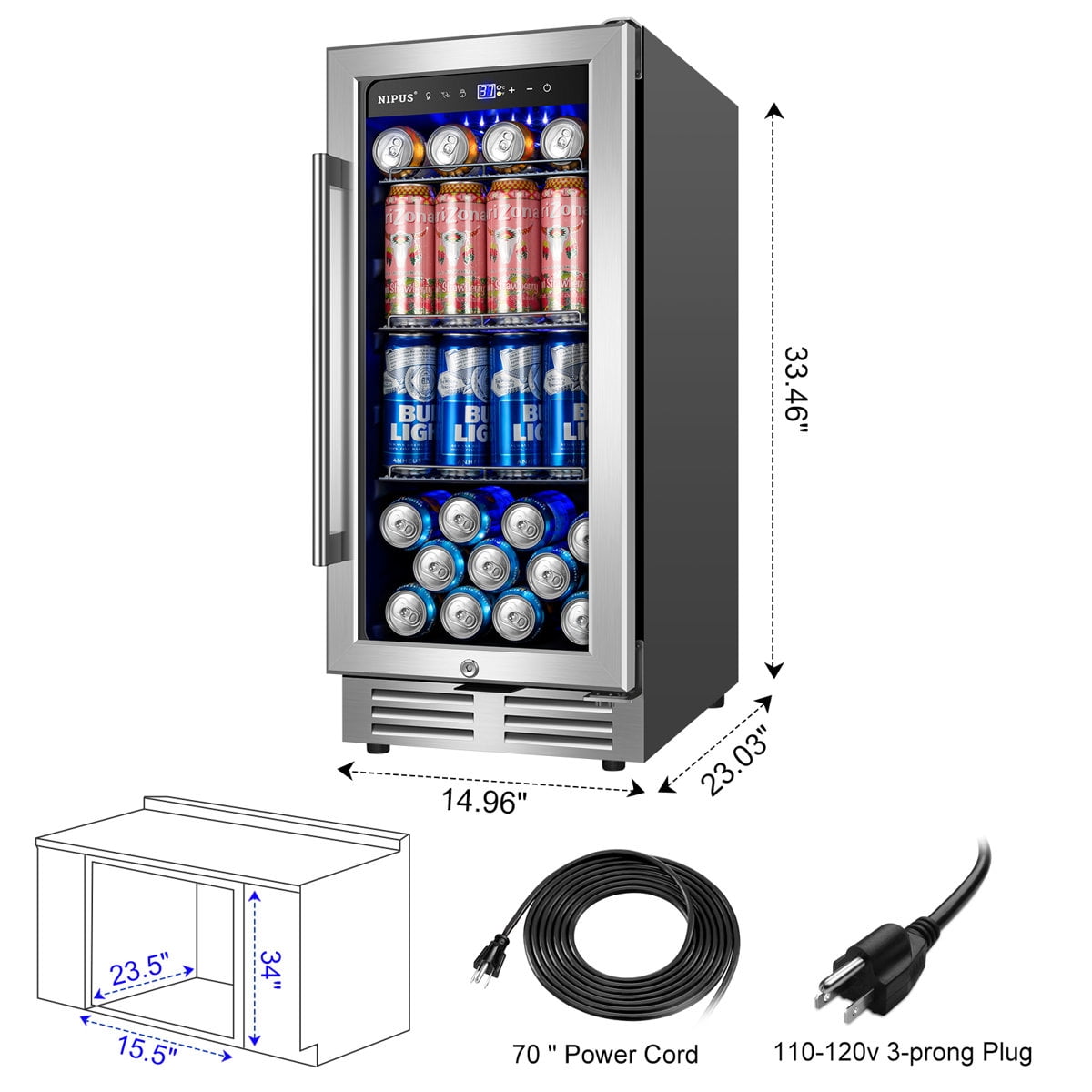 15 Inch Built-in/Freestanding Beverage Refrigerator Cooler 130 Can Beer Cooler Mini Beer Drink Fridge with Glass Door and Lock Under Counter Classic Series