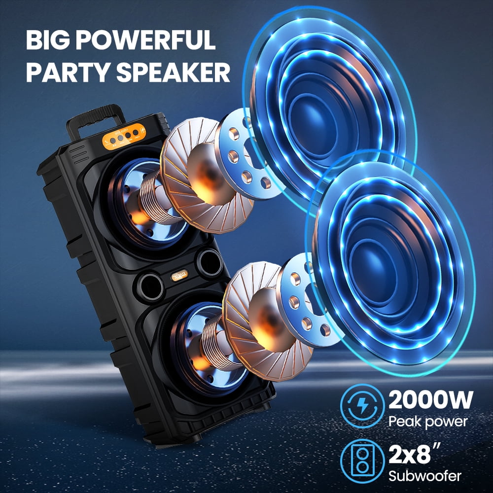 PEPWELL Portable Bluetooth Party Speaker Dual 8 Inch Woofers 2000W Peak Power - DJ RGB Lights, TWS Stereo, Bluetooth 5.3, Wireless Mic, Karaoke Machine, FM Radio, USB TF AUX, Heavy Bass Subwoofer