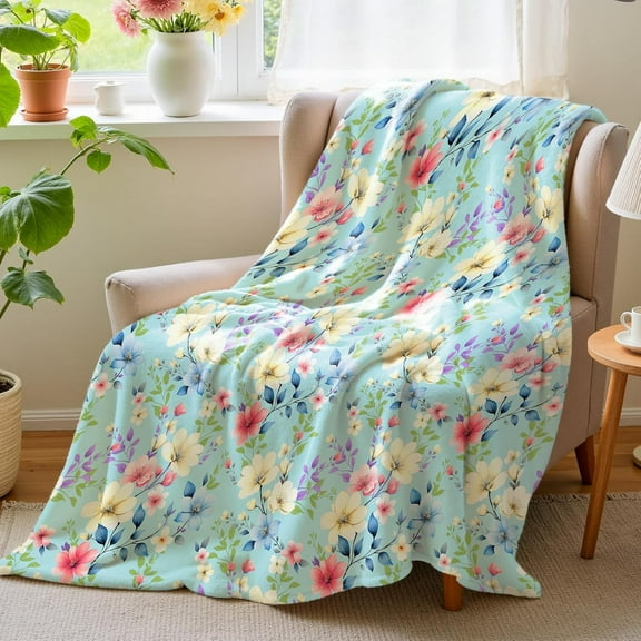 Lotus Karen Floral Fleece Throw Blanket 50x60 Inches - Colorful Wildflowers Botanical Print Blanket Gifts for Women Soft Cozy Lightweight Throws for Bed Sofa Couch Decorative