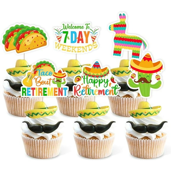 36Pcs Taco Bout Retirement Cupcake Toppers, Mexican Fiesta Happy Retirement Party Decorations, New Adventure Begins Welcome To 7 Day Weekends Cake Decorations Supplies