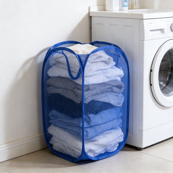 Foldable Laundry Hamper, Mesh Clothes Basket with Side Pocket and Carry Handles, Collapsible Storage Bin for Dirty Clothes, Toys, and Groceries
