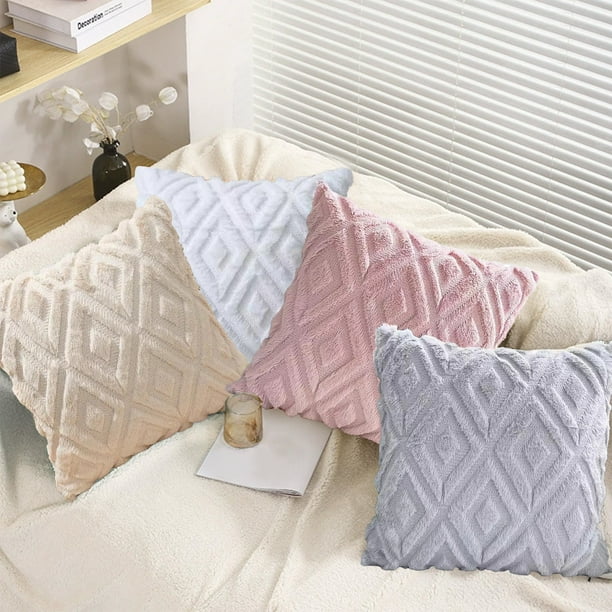 Funda de almohada sintética de lana de cordero 45x45cm - Funda de cojines de poliéster suave para sofá, blanco/beige/rosa/gris