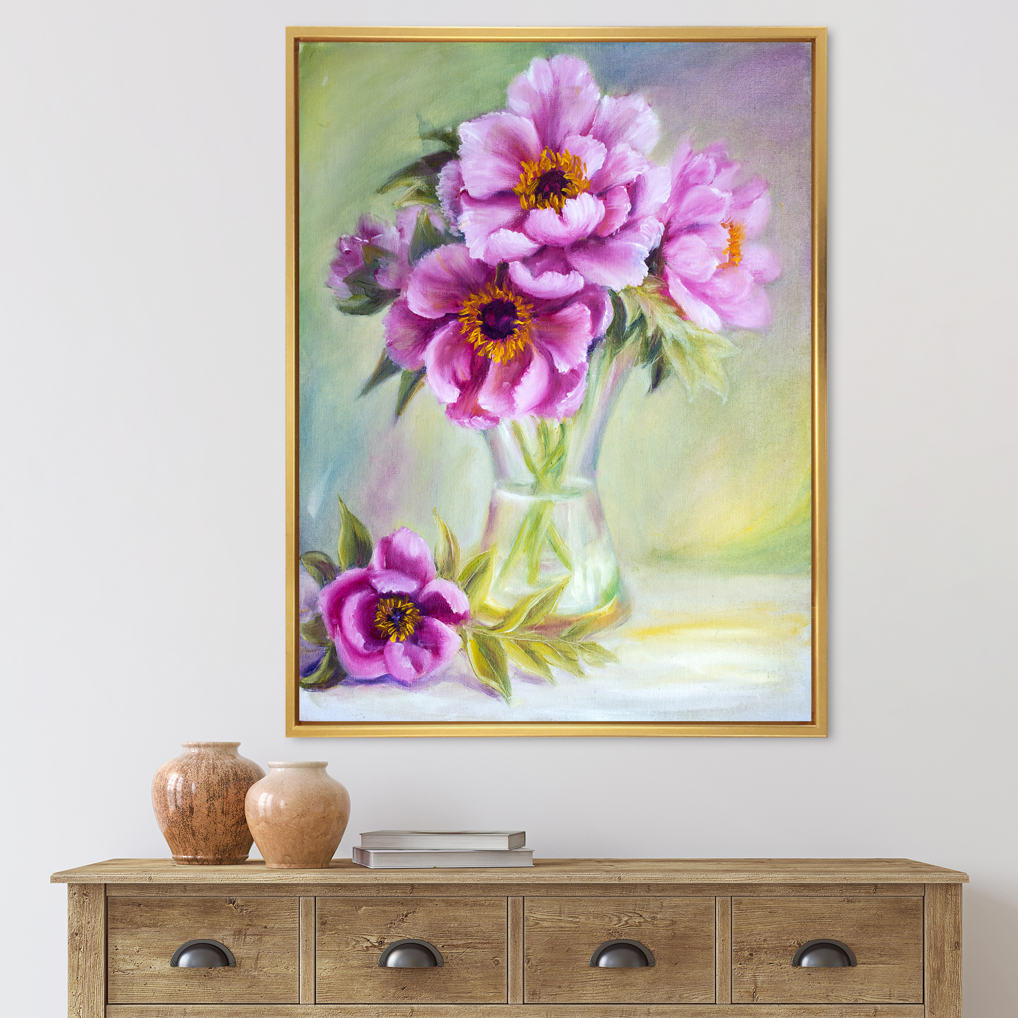 Designart 'Purple Peonies In Vase Still Life' Traditional Framed Canvas Wall Art Print