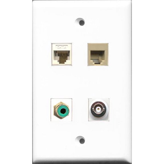 RiteAV 1 Port RCA Green and 1 Port Phone RJ11 RJ12 Beige and 1 Port BNC and 1 Port Cat6 Ethernet White Wall Plate