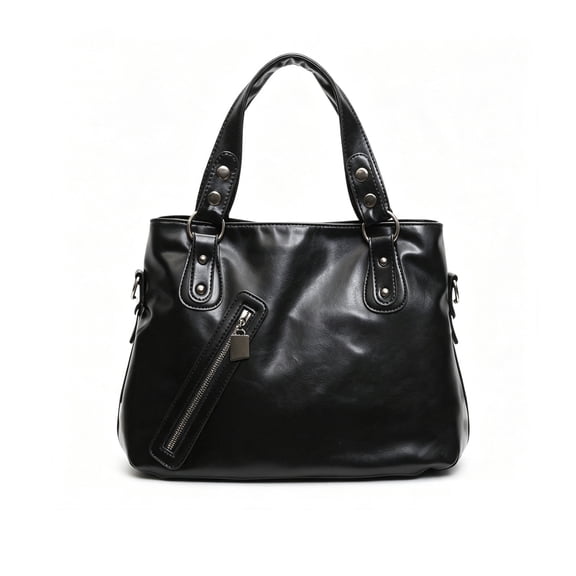 Naturace Black Leather Tote Bag,Large Capacity Multi Compartment Handbag,Lightweight Travel Everyday Shoulder Bag