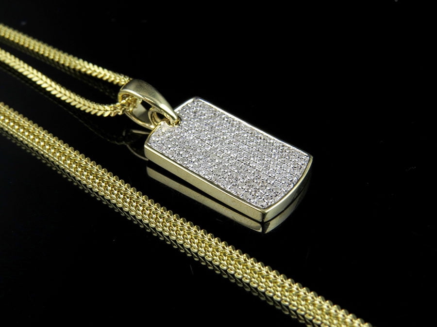 Yellow Gold Finish Iced Out Lab Diamond Dog Tag Pendant Miami Cuban Chain Combo 