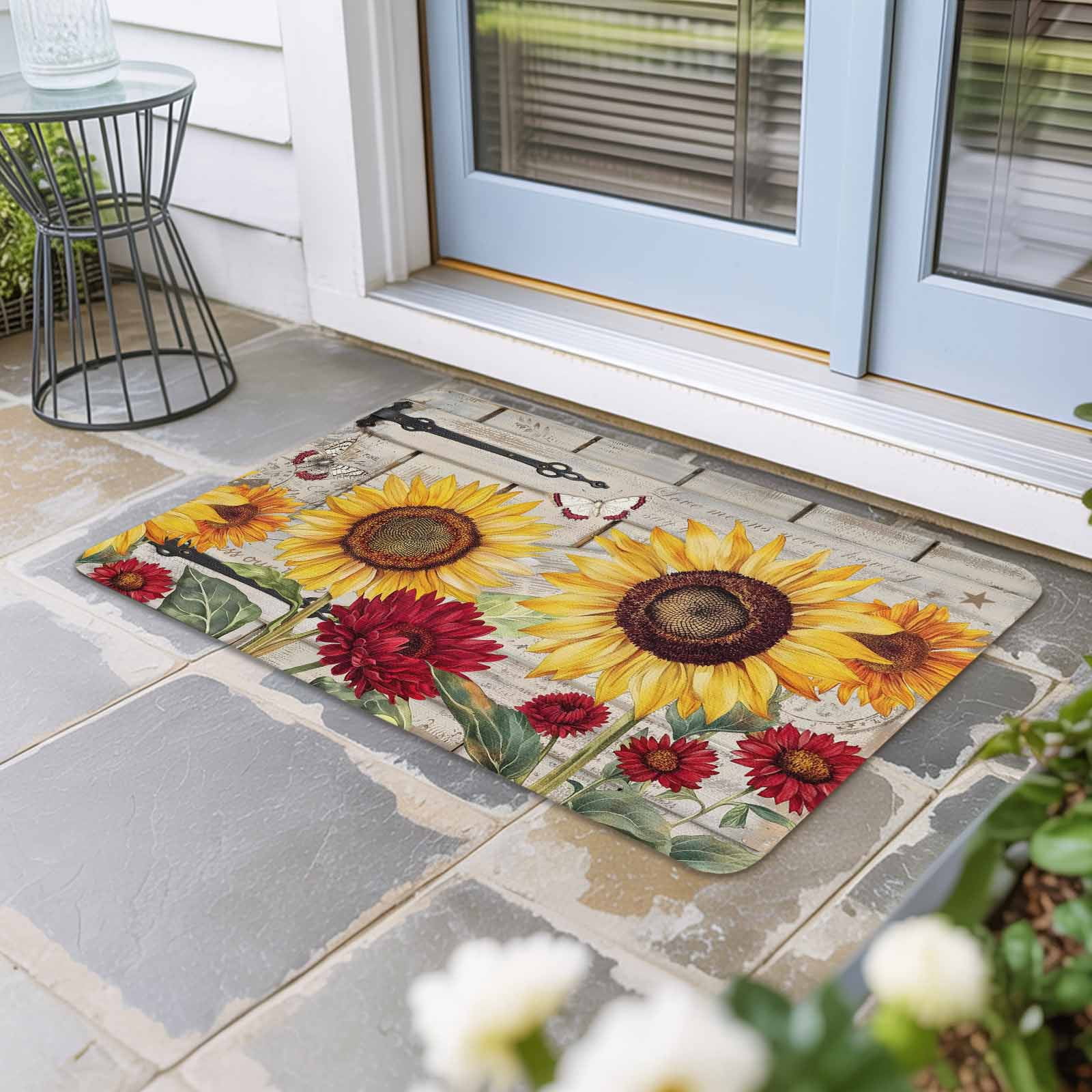 Red Yellow Sunflowers Doormat Outdoor Entrance 16"x24", Retro Rustic Barn Doors Butterfly Brown Absorb Moisture Dirt Door Mats, Non-Slip Rubber Backing Floor Mats Indoor, Low-Profile Front Door Rugs