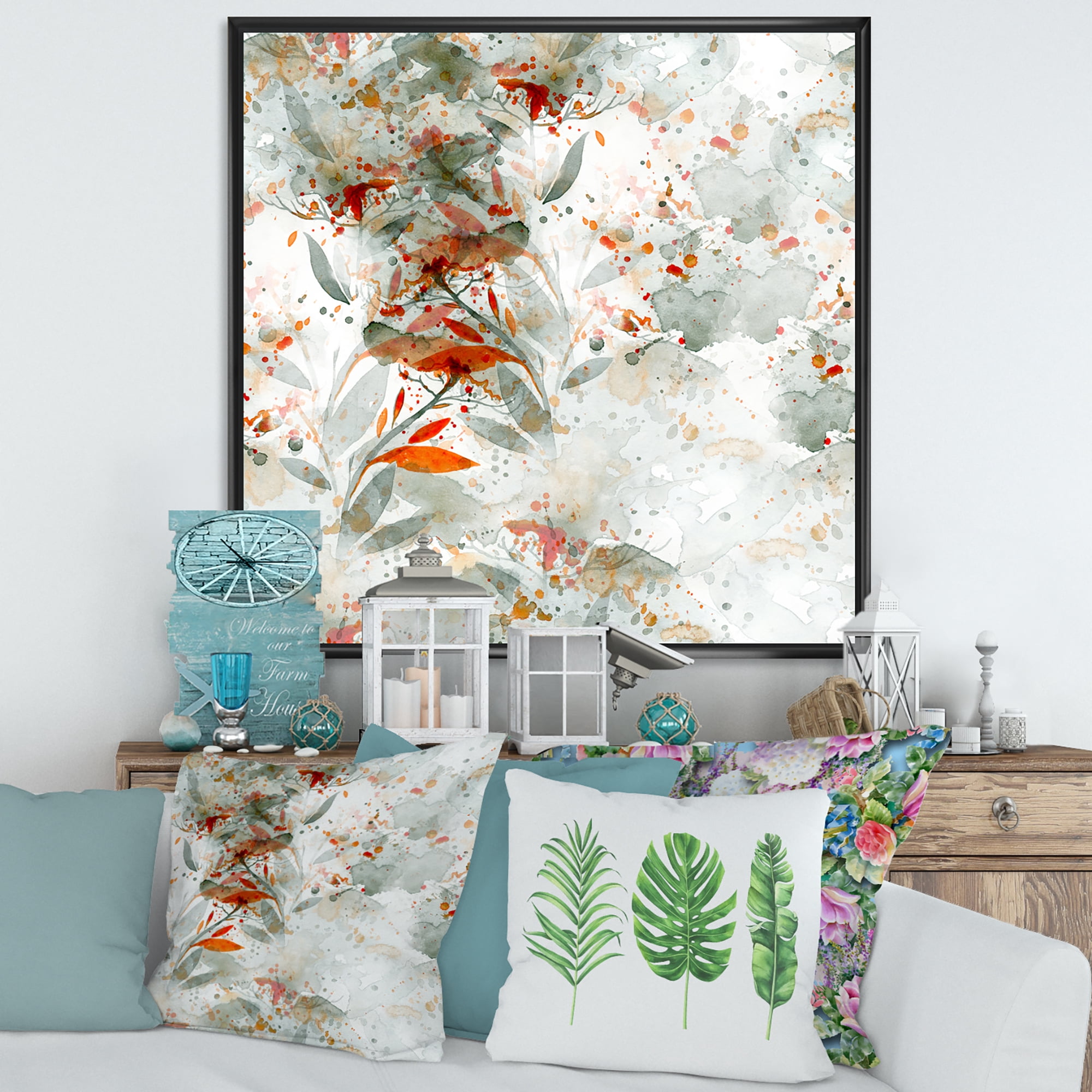 Designart 'Orange and Green Wildflowers II' Modern Framed Canvas Wall Art Print