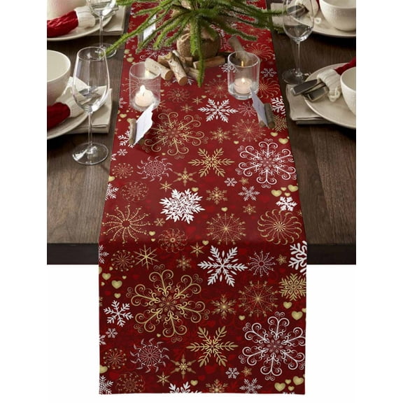 Christmas Table Runner Golden Snowflakes Table Runners Love Heart Red Cotton Linen Dresser Scarf Kitchen Dining Table Decor for Christmas Holiday Party Decor 13x72 Inch
