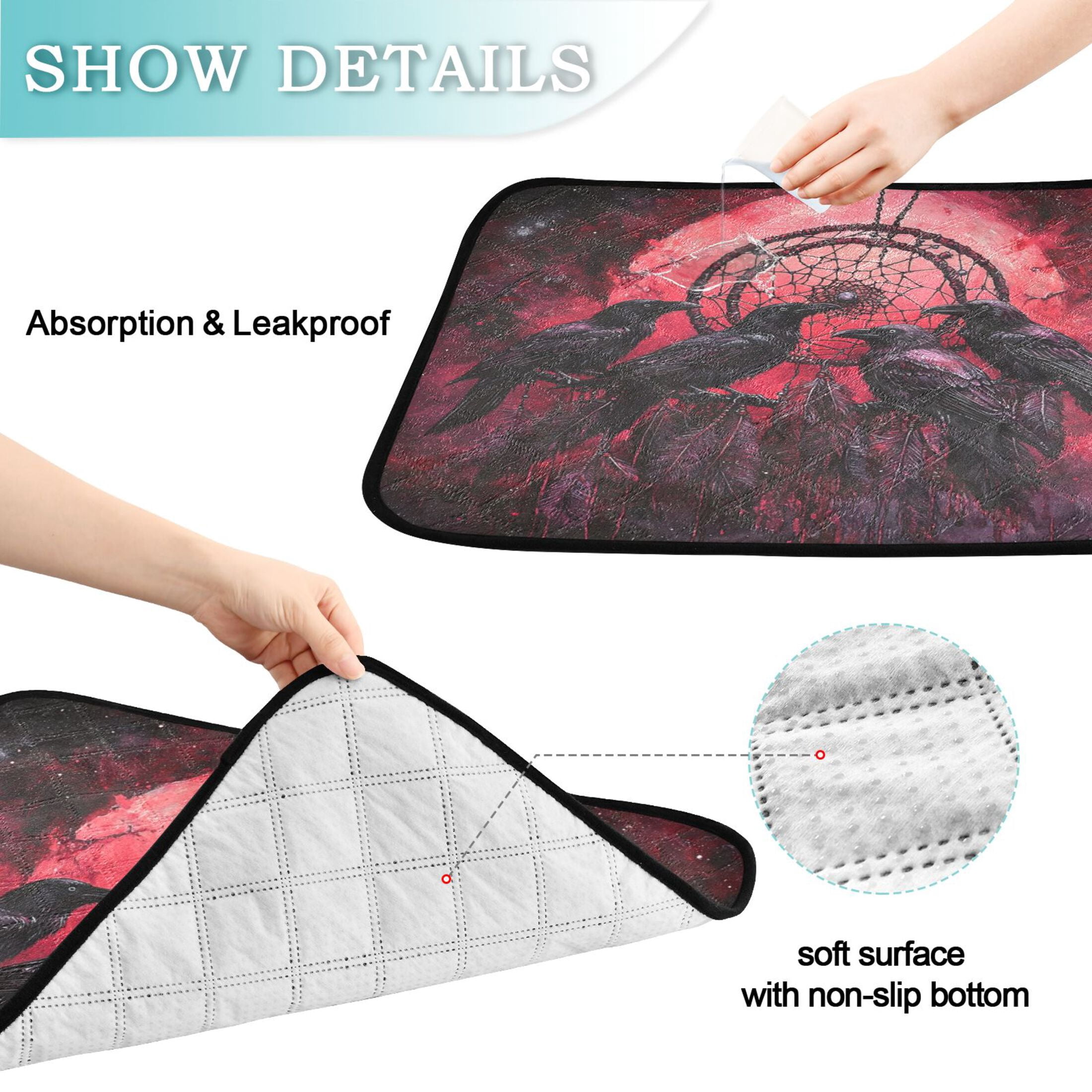 Qxltty Red Moon Crow Cat litter Pads Pet Set of 2 Diaper Mats Center Anti-leakage Layer Absorbent Soft and Comfortable