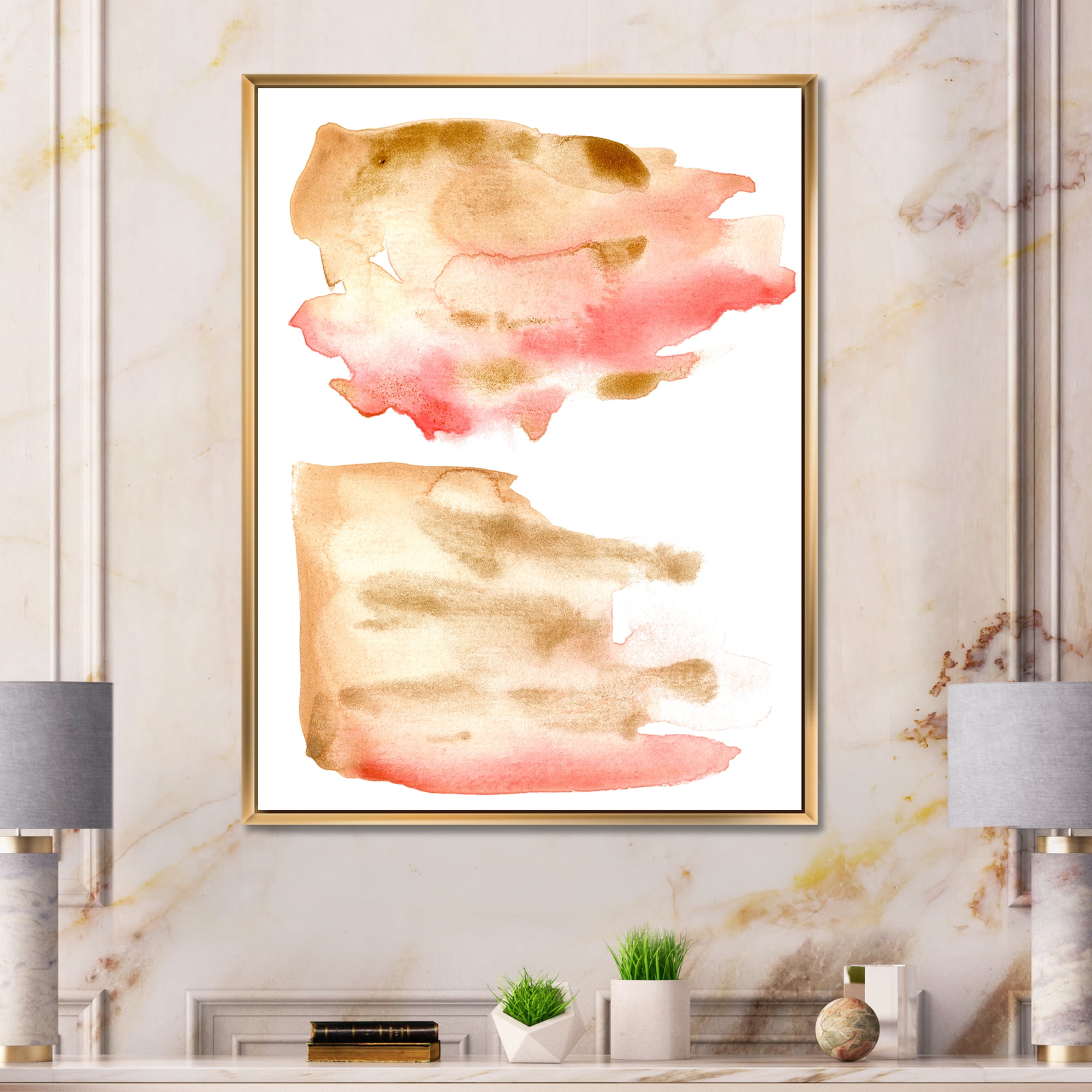 Designart 'Red Pink Gold and Beige Abstract Clouds' Modern Framed Canvas Wall Art Print