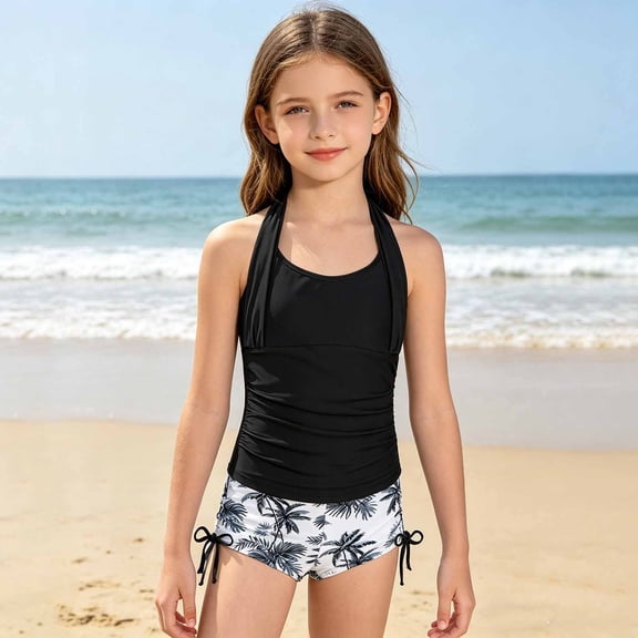 EliteGoogv Big Girls Two Piece Swimsuit Sleeveless Straps Graphic Tankini Set Lightweight Comfortable Swimwear Beach Summer Swimsuit,15-16Y,White