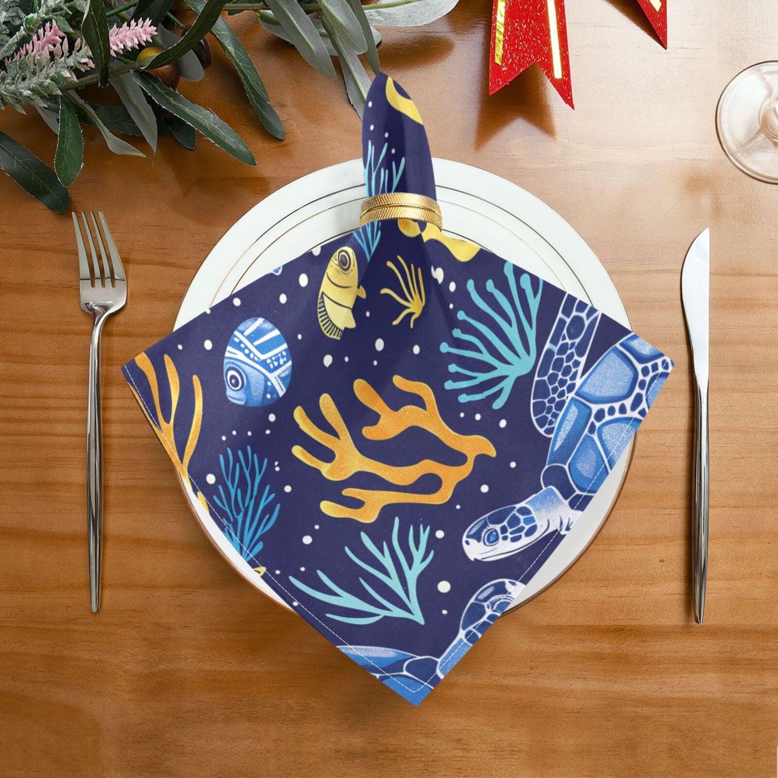 JSTEL Sea Turtle Coral Fish Cloth Napkins Set of 6, 20x20 Inch Washable and Reusable Napkin for Decoupage Dinner Party Everyday Use