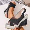 thumbnail image 5 of Wedges Heels for Women Open Toe Denim Platform Sandals Antislip Casual Ankle Strap Summer Pumps Dress Shoes Black Size 7, 5 of 8