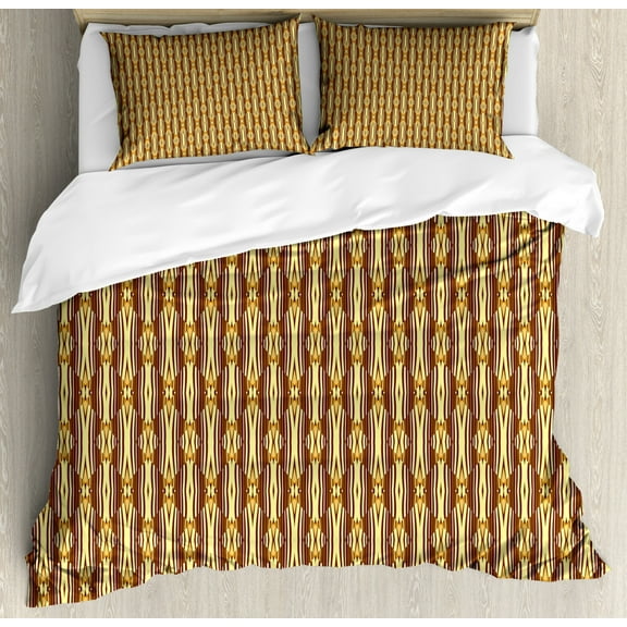 Abstract Queen Size Duvet Cover Set, African Geometric Curved Stripes with Rhombus Motifs Oriental Inspirations, Decorative 3 Piece Bedding Set with 2 Pillow Shams, Pale Yellow Brown, by Ambesonne
